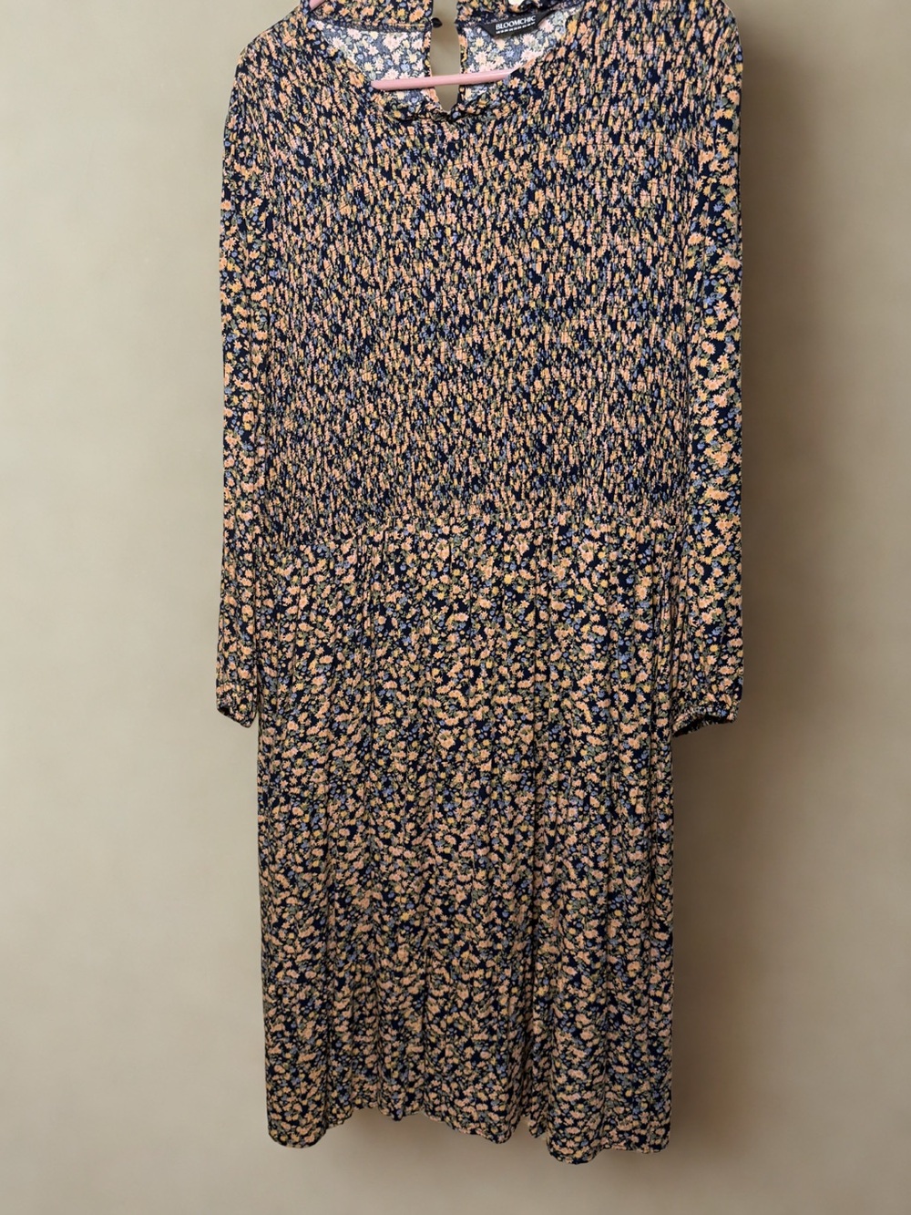 BloomChic Navy Floral Smocked Top with Peach and Yellow Blooms
